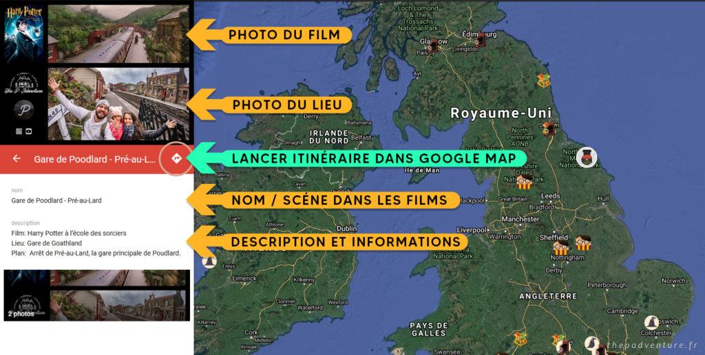 Légende de la carte ultime des lieux de tournage de Harry Potter